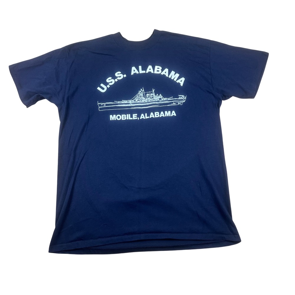 Vintage USS Alabama Battleship T-Shirt Mens Large Navy Blue Mobile AL Graphic